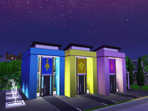 Sims 4 — Candy Color Dorms by peb_arroyo — No CC Instagram: the_simstation 6 Rooms 6 Bathrooms Games, Tv, Cafeteria,