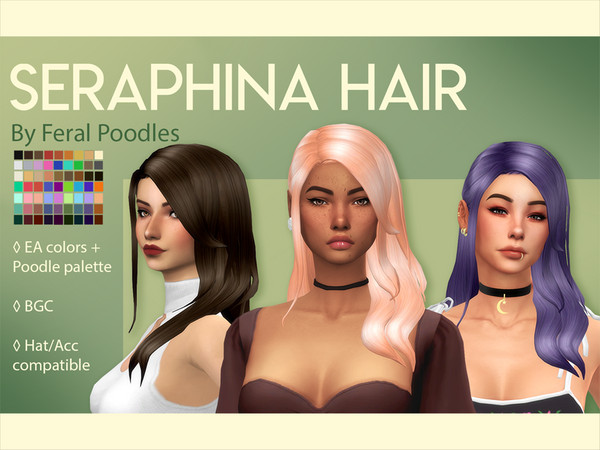 Sims 4 — Saraphina Hair by feralpoodles — Long wave style pushed to one side! -63 swatches (18 EA colors + 45 Poodles)