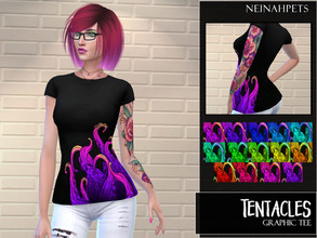 Sims 4 — Tentacle Graphic Tee by neinahpets — A black t-shirt with stylized tentacles in bold gradient colors. 14 Colors