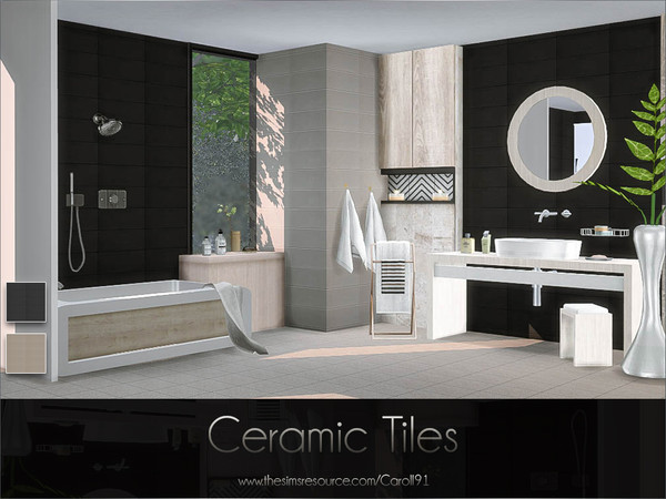 Sims 4 — Ceramic Tiles by Caroll912 — A 2-recolour ceramic-like wall panel in beige and black tones. Suitable for indoor