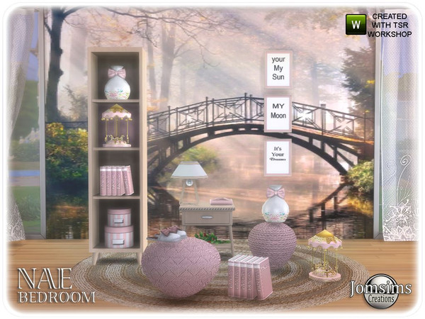 Sims 4 — Nae bedroom 1_2 by jomsims — Nae bedroom 1_2 The Nae bedroom suite table lamp. furniture dresser. wool puff.