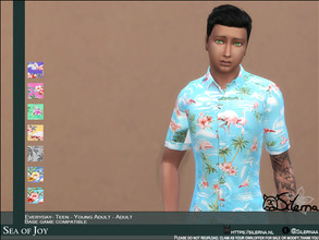 Sims 4 — Sea of Joy by Silerna — Amazing Hawaiian shirts met palm trees and Flamingo's! Comes in 8 different colors ^-^.