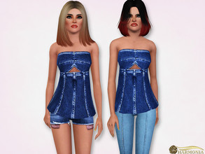Sims 3 — Strapless Denim Peplum Top by Harmonia — Mesh Harmonia 3 color. recolorable Please do not use my textures.