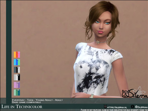 Sims 4 — Life in Technicolors by Silerna — Tie-dye crop t-shirts in 6 different colors, 3 different tie-dye designs.