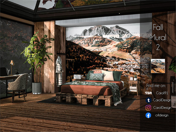 Sims 4 — Fall Mural 2 by Caroll912 — A 4-tile autumn-themed mural in warm tones. Suitable for indoor use.