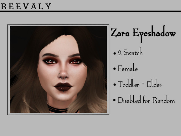 Sims 4 — Zara Eyeshadow by Reevaly — 2 Swatches. Teen to Elder. For Female. Base Game compatible. Please do not reupload.