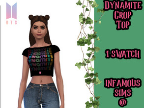 Sims 4 — BTS Dynamite Crop Top by INFAMOUSSIMS18 — Black Crop Top with Glitter and the word &quot;Dynamite&quot;