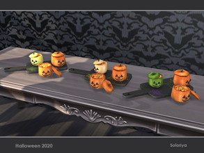 Sims 4 — Halloween 2020. Pumpkins Pots by soloriya — Three decorative pumpkins pots on a wooden cutting board. Part of