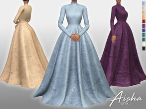 Sims 4 — Aisha Dress by Sifix2 — A modest silk brocade ball gown with long sleeves and a high neck, available in 11