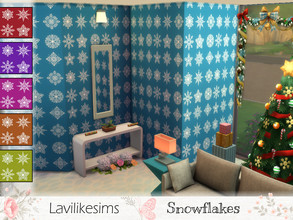 Sims 4 — Snow Flakes by lavilikesims — A snowy and winter wallpaper in 6 swatches. Blue, Green, Red, Pink, Orange, Purple