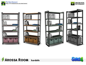 Sims 4 — kardofe_Arossa Room_Bookshelf by kardofe — Wooden and metal bookcase, with simple lines, with wicker baskets at