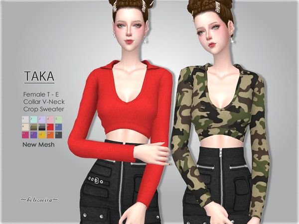 Sims 4 — TAKA - V-neck Sweater by Helsoseira — Style : Long sleeve, v-neck collar crop sweater Name : TAKA Sub part Type