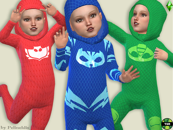 Sims 4 — Toddler Costume Onesie by Pelineldis — Three PJ Masks Heroes costumes without mask for toddler girls and boys.