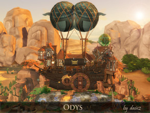 Sims 4 — Odys by dasie22 — Odys is an amazing, steampunk Zeppelin docking next to snazzy Ithaca buildings. The house