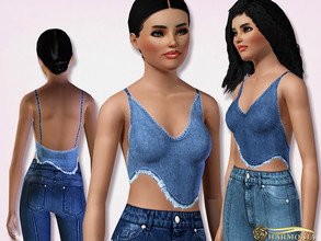 Sims 3 — V-Neck Frayed Denim Crop Top by Harmonia — 4 color. recolorable Please do not use my textures. Please do not