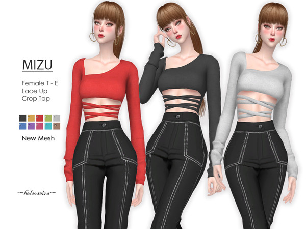 Sims 4 — MIZU - Crop Top by Helsoseira — Style : Long sleeve, lace up crop top Name : MIZU Sub part Type : Blouse Fashion