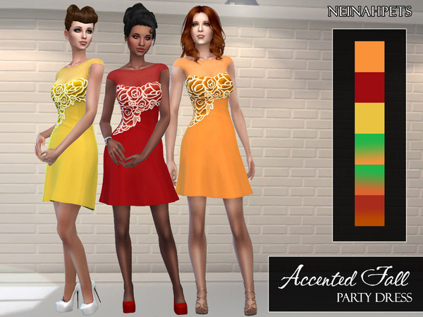 Sims 4 — Accented Fall Party Dress by neinahpets — A lovely silky dress with a floral accented bodice in fall hues. 6