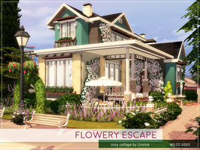 Sims 4 — Flowery Escape by Lhonna — Cozy cottage for 4 Sims and a pet. The lot is furnished, landscaped, tested, and