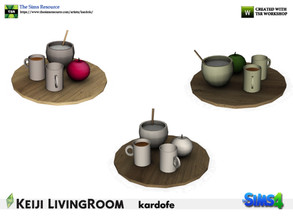 Sims 4 — kardofe_Keiji LivingRoom_Tea tray by kardofe — Wooden tray with a sugar bowl, two cups and a round candle, in