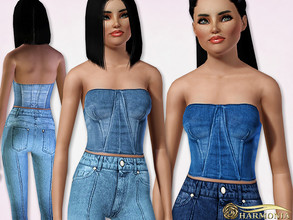 Sims 3 — Strapless Denim Cropped Bustier Top by Harmonia — 3 color. Recolorable Please do not use my textures. Please do
