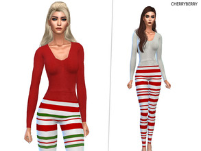 Sims 4 — Elf Christmas PJs by CherryBerrySim — Comfy Elf Christmas PJs with candy cane leggings for female sims. 4 colors