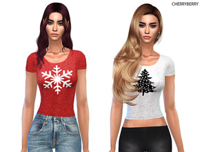 Sims 4 — Holiday Tshirt by CherryBerrySim — Graphic Christmas themed cropped t-shirts with a Christmas tree or snowflake