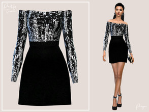 Sims 4 — Partytime by Paogae — Elegant and classy black dress with sparkling silver top, long sleeves and bare shoulders.