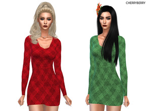 Sims 4 — Holly Minidress by CherryBerrySim — Beautiful long sleeve Holiday minidress with plaid pattern for Christmas