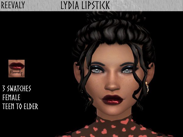 Sims 4 — Lydia Lipstick by Reevaly — 3 Swatches. Teen to Elder. Female. Base Game compatible. Please do not reupload.