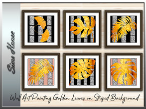 Sims 4 — Wall Art Painting Golden Leaves on Striped Background by Sims_House — Wall Art Painting Golden Leaves on Striped