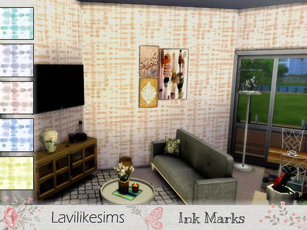 Sims 4 — Ink Marks by lavilikesims — An intricate contempary wallpaper in 6 swatches Orange, Green, Gray, Purple, Blue,