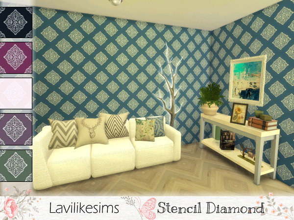 Sims 4 — Stencil Diamonds by lavilikesims — A regal, mature wallpaper perfect for sitting rooms and bedrooms Blue, Black,