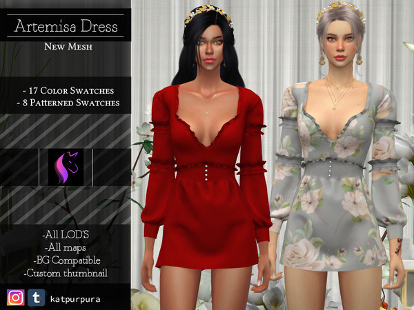 Sims 4 — Artemisa Dress by KaTPurpura — Feminine, delicate, elegant, charming ... many words describe this long-sleeved