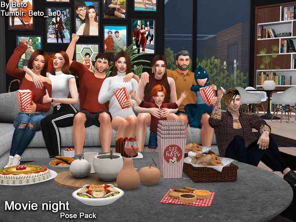 Sims 4 — Movie night (Pose pack) by Beto_ae0 — Poses to watch a family movie To use the poses you need the Mod pose