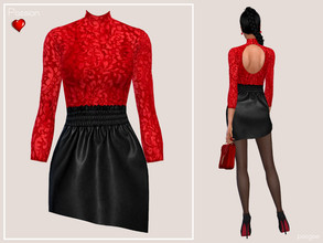 Sims 4 — Passion by Paogae — Black leather skirt with elastic waistband and tight top in red lace with open back, a sexy