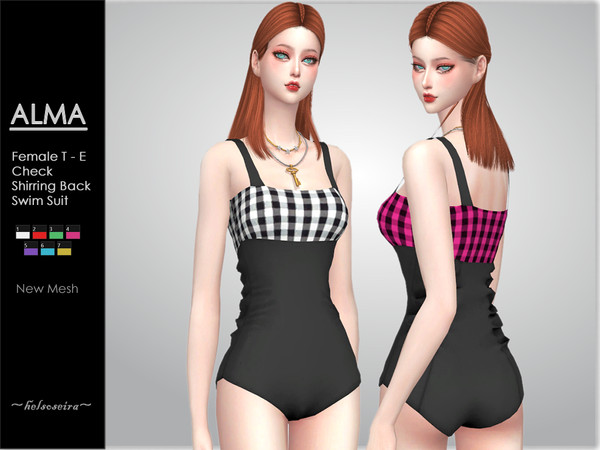 Sims 4 — ALMA - Swimsuit by Helsoseira — Style : Check pattern shirring back swimsuit Name : ALMA Sub part Type :