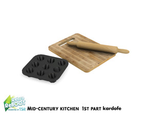 Sims 4 — Retro ReBOOT_kardofe_Mid-century kitchen_Roller by kardofe — Cutting board a rolling pin and a muffin tin,