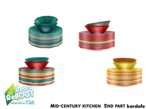 Sims 4 — Retro ReBOOT_kardofe_Mid-century kitchen_Dishes by kardofe — Stacked plates and bowls in four colour options 
