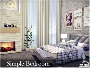 Sims 4 — Simple Bedroom by nobody13922 — A large, bright and cozy bedroom with a fireplace, bookcase, relaxation corner.