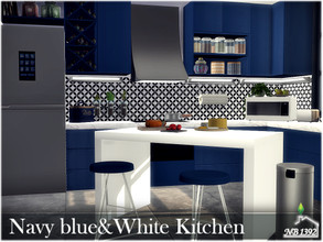 Sims 4 — Navy blue&White Kitchen by nobody13922 — Large kitchen on platforms with a dining area. The predominant