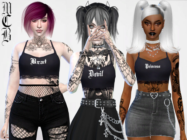 Sims 4 — Brat, Devil and Princess Crop Tops with Lace by MaruChanBe2 — Cute mini tops with little bit lace. You don't