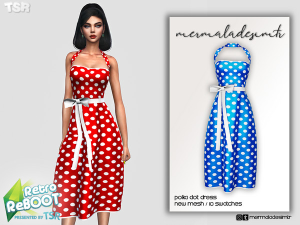 Sims 4 — Retro Reboot- Polka Dot Dress by Mermalade — New Mesh 10 Swatches All Lods Teen to Elder For Female