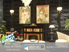 Sims 4 — Retro ReBOOT - Dark Art Deco Living Room by SIMSBYLINEA — This living room tells a story of glitz and glamour,