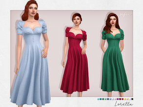 Sims 4 — Loretta Dress by Sifix2 — A retro-inspired midi dress with buttons and puff sleeves, available in 15 colors. -