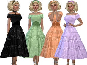 Sims 4 — Retro reboot 50s off shoulder dress by TrudieOpp — 50s off-shoulder dress in 8 colors