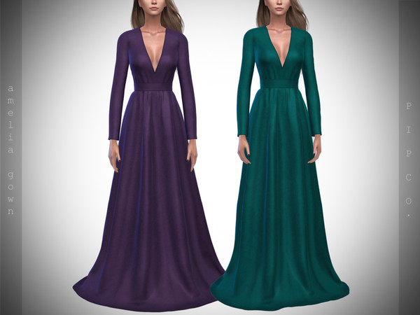 Sims 4 — Amelia Gown. by Pipco — 12 Swatches Base Game Compatible New Mesh All Lods Specular and Normal Maps Custom