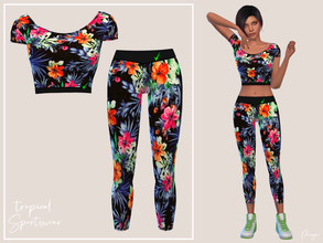 Sims 4 — Tropical Sportswear by Paogae — Athletic outfit with tropical pattern, consisting of short-sleeved top and