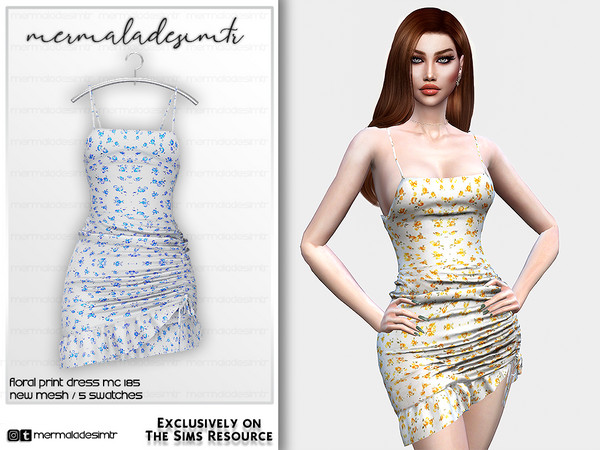 Sims 4 — Floral Print Dress MC185 by Mermalade — New Mesh 5 Swatches All Lods Teen to Elder For Female