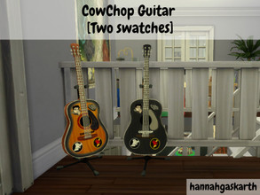 Sims 4 — CowChop Guitar [2 Swatches] by hannahgaskarth2 — The base game guitar with two swatches of CowChop stickers.