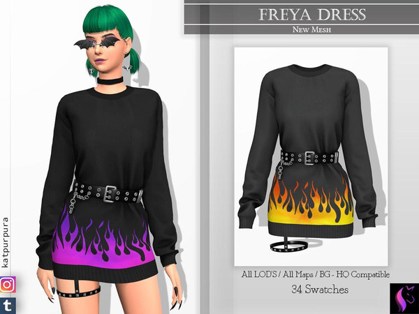 Sims 4 — Freya Dress by KaTPurpura — Long sweater that works as a dress, with leather belt with chain and details in
